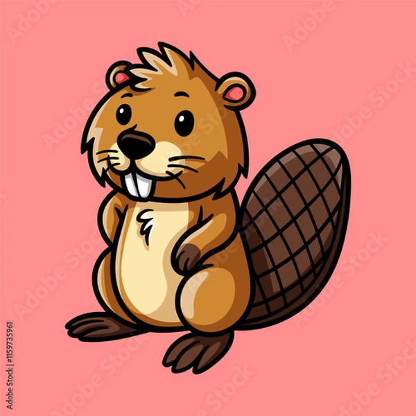 Fototapeta fun beaver cartoon character isolated colored drawing line art style sketch classic vintage design illustration