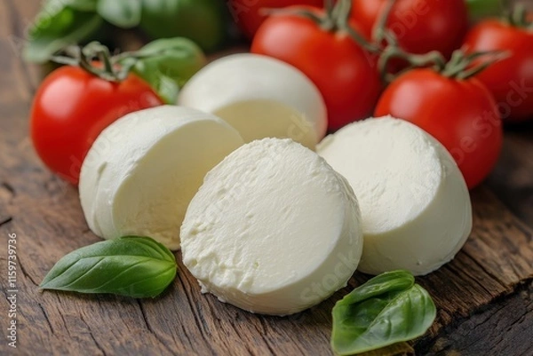 Fototapeta Mozzarella tomatoes and basil salad on a wooden surface