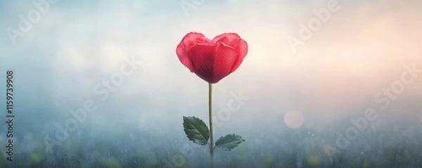Obraz A beautiful heart-shaped red rose stands alone amidst a dreamy background.