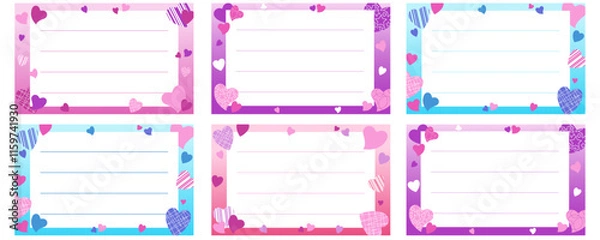 Fototapeta Set of colorful notebook name stickers with different style hearts and copy space. Vector illustration for school supplies. Labels.
