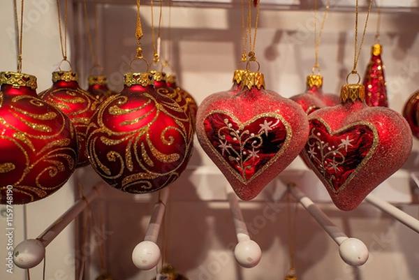 Obraz Red Christmas ornaments with gold glitter patterns hanging from a stand and spreading a festive mood.