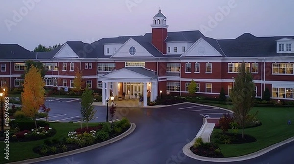 Obraz Elegant brick assisted living facility at dawn.