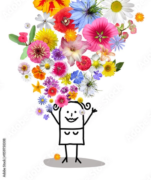 Obraz Hand drawn Cartoon stick man Throwing Up a Colorful spring summer flowers bunch - photographic collage