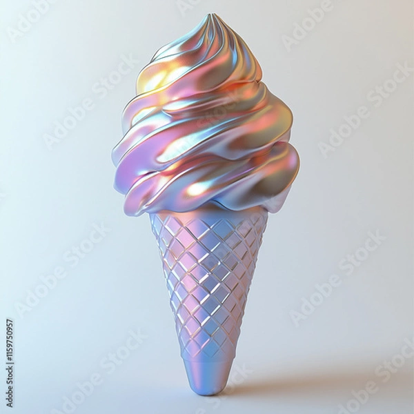 Obraz Ice cream cone in a waffle cup with holographic colors, 3D element  on white isolated background 
