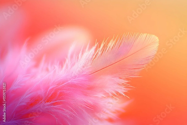 Fototapeta Delicate pink feather against a warm orange background. Perfect for design projects needing a soft, ethereal feel.