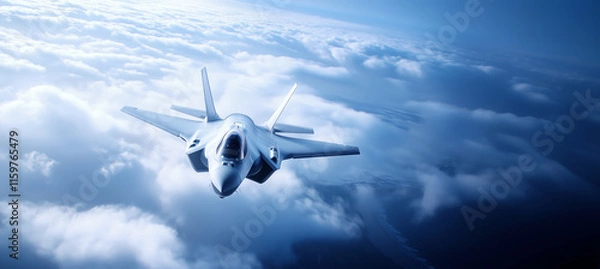 Obraz Top view of modern Fighting stealth multirole combat aircraft flying above clouds over deserted dry mountains and desert below. Military technology and defence industry concep