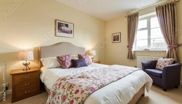 Fototapeta  A cozy bedroom features a large bed with a floral comforter, flanked by wooden nightstands with lamps, and a window with curtains.