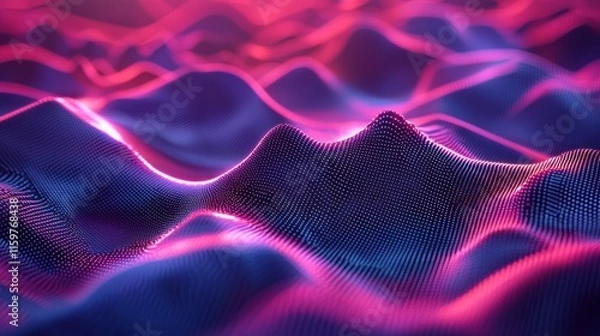 Fototapeta Abstract pink and blue digital landscape with glowing waves.