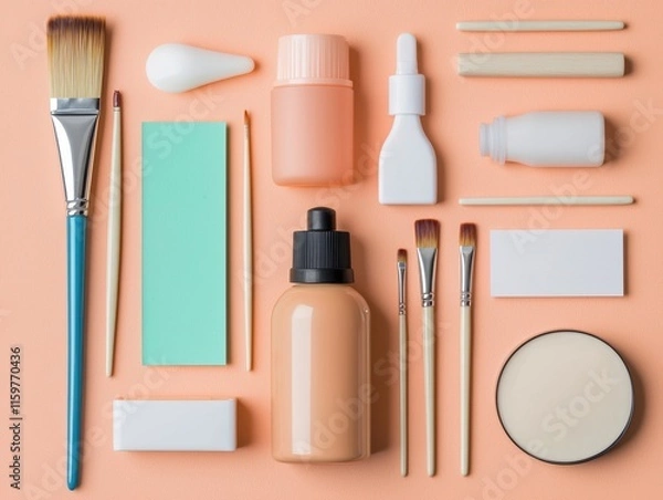 Fototapeta Educational curriculum support concept. A flat lay of various beauty and makeup tools arranged on a peach background, showcasing brushes, containers, and applicators.