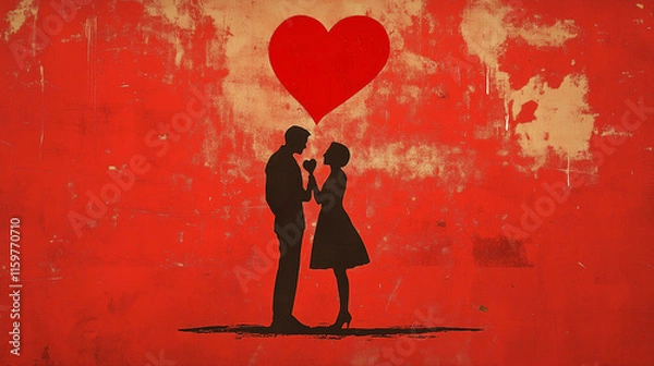 Obraz silhouette of man and woman standing together in front of a floating heart