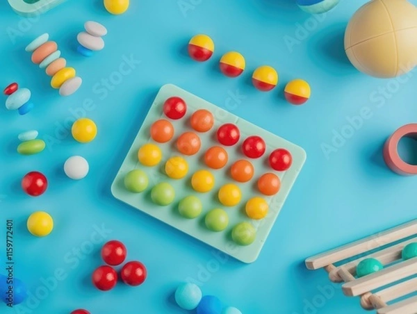 Obraz Brightly colored beads, counting blocks and child-friendly puzzle game for learning and playtime.