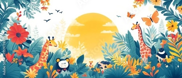 Fototapeta A colorful World Wildlife Day design with animals and vibrant nature scenes, perfect for spreading environmental awareness, with copy space for messaging
