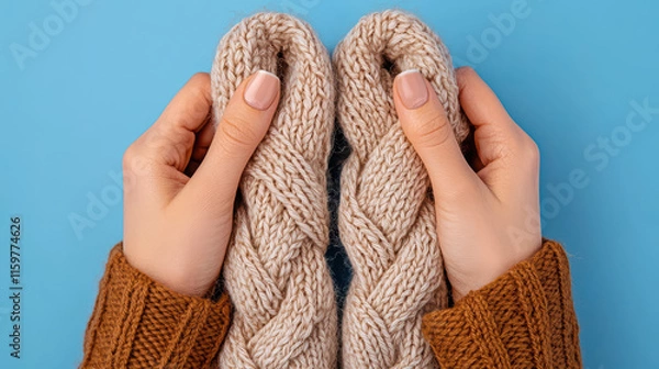 Fototapeta Cozy hands holding pair of knitted wool scarves, showcasing intricate patterns
