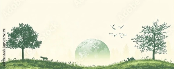 Fototapeta A serene Earth Day design with a healthy planet, green trees, and wildlife, symbolizing the importance of environmental protection, with room for text