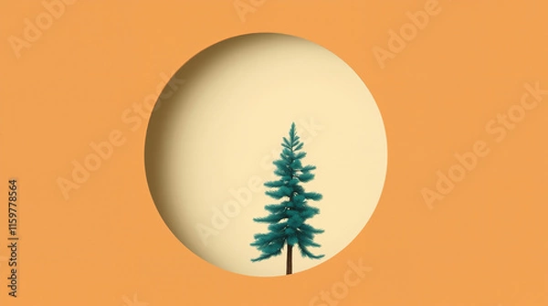 Fototapeta Minimalist Pine Tree Silhouette in Circle Frame on Orange Background, Simple Nature Art Design for Contemporary Decoration