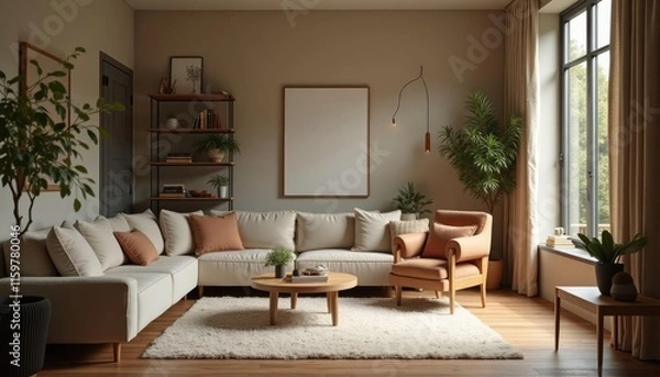 Obraz  A modern living room features a large white sectional sofa, wooden coffee table, and two armchairs, with a large window, bookshelf, and plants adding to the cozy ambiance.