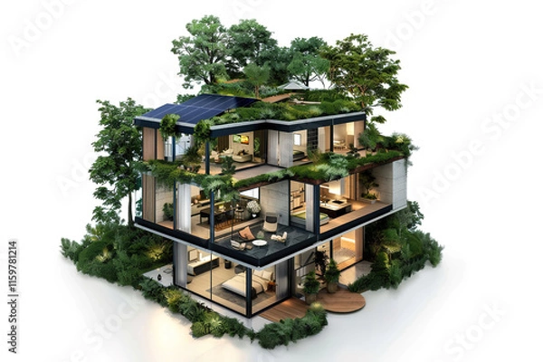 Obraz A cutaway of a building with solar panels, green roofs, and insulation layers, illustrating eco-friendly design