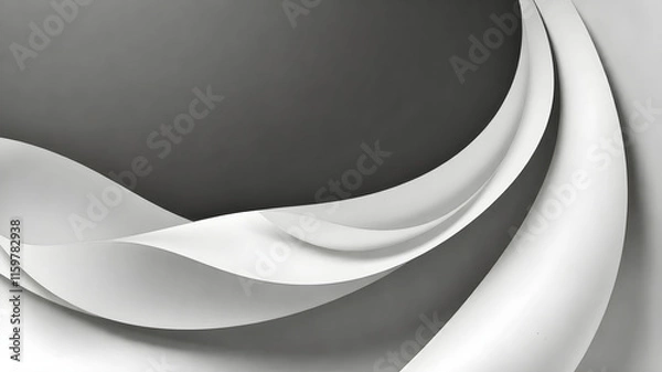 Fototapeta A monochromatic abstract design of flowing, layered curves and waves, resembling smooth metallic or paper-like surfaces, with soft lighting creating highlights and shadows