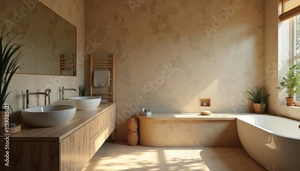 Fototapeta  A modern bathroom features a double sink vanity with a large mirror, a freestanding bathtub, and a wooden towel rack, with natural light and plants adding a touch of greenery.