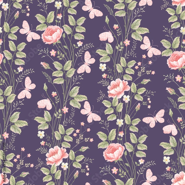 Fototapeta Seamless Pattern Design with Pink Floral Branches, Leaves, and Butterflies – Perfect for Home Textiles, Fabric Design, Wall Decor, Scrapbooking, Digital Paper, Notebooks, and More