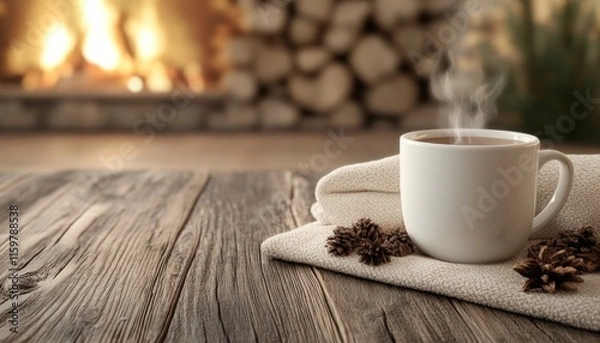 Obraz Capture the essence of love and warmth with this cozy image of a couple sharing a warm drink by the fireplace The gentle flames and steaming mug embody comfort and affection, creating an atmosphere