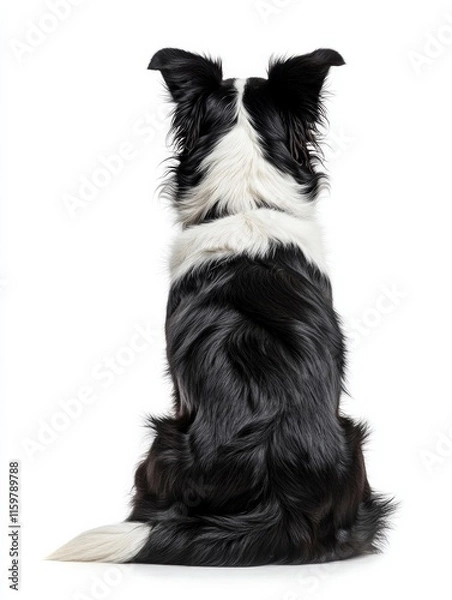 Fototapeta Border collie dog back view with black and white fur on white background