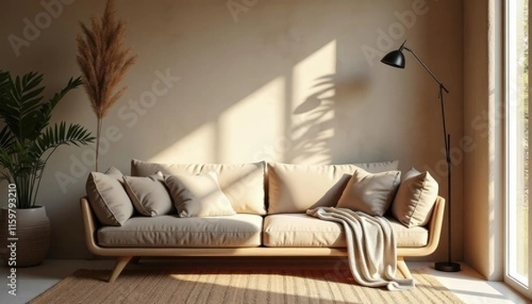 Obraz  A beige sofa with a white throw pillow and blanket sits in a sunlit room, accompanied by a potted plant and a floor lamp, with a large window and natural light.