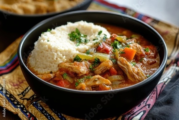 Fototapeta Classic South African tripe stew with pap and chakalaka served in a black bowl on Shwe Shwe fabric