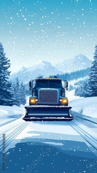Fototapeta Snowplow machine removing snow on a rural road, providing access after snowfall, illustrated in a soft, painterly art style