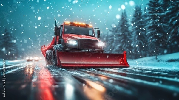 Fototapeta Heavy-duty snowplow clearing highways after a winter storm, ensuring safety, illustrated in a realistic, high-contrast art style