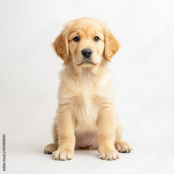 Fototapeta Golden retriever puppy sitting on white background