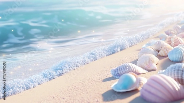 Obraz Seashells on Sandy Beach Near Gentle Ocean Waves