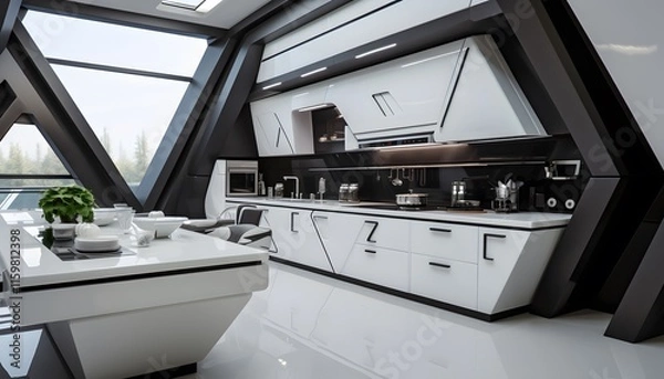 Fototapeta Modern Kitchen with Angular Design and Large Windows