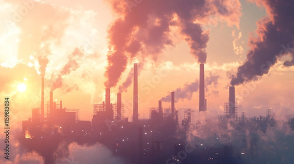 Fototapeta An abstract skyline where smokestacks dominate, with thick smoke morphing into images of endangered species, emphasizing the impact of pollution on wildlife.  