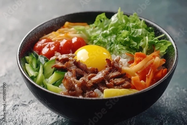 Fototapeta Korean dish featuring rice assorted vegetables fried pork and egg yolk
