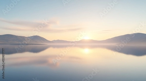 Fototapeta A serene landscape at sunrise, featuring calm waters reflecting mountains and soft pastel colors in the sky.