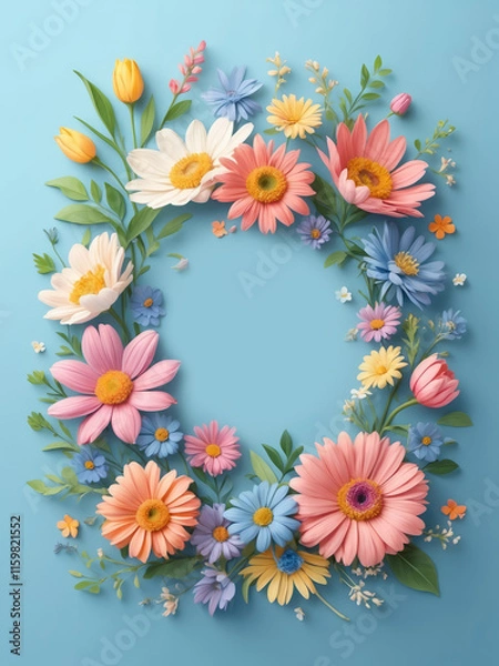 Fototapeta Colorful spring flowers on a blue background with copy space