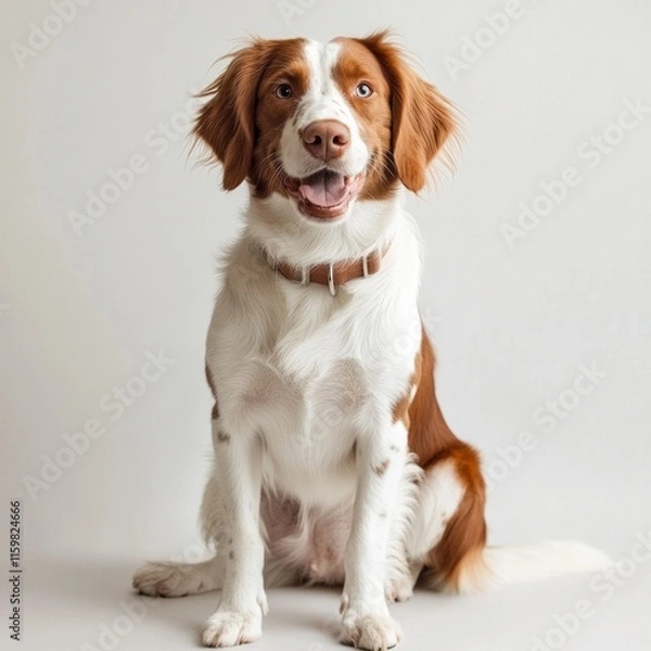 Fototapeta Happy brown and white dog sitting on plain background