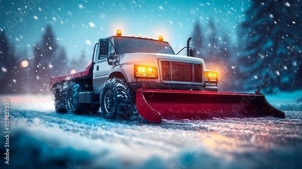 Fototapeta Snow-clearing vehicle pushing snow off the streets, ensuring clear routes for drivers, depicted in a clean and minimal illustration style
