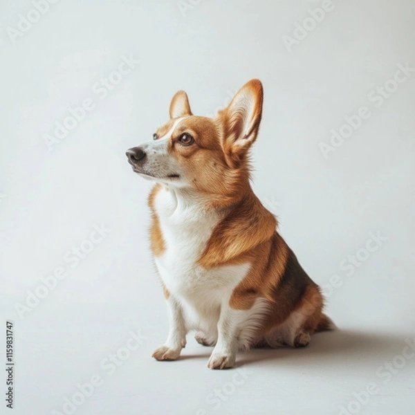Fototapeta Welsh corgi dog with brown and white coat sitting on white background