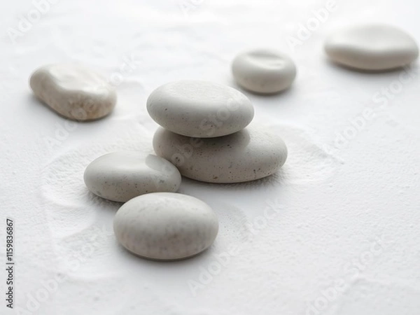 Fototapeta Tranquil japanese zen garden with carefully arranged stones on textured white sand, minimalist, peaceful