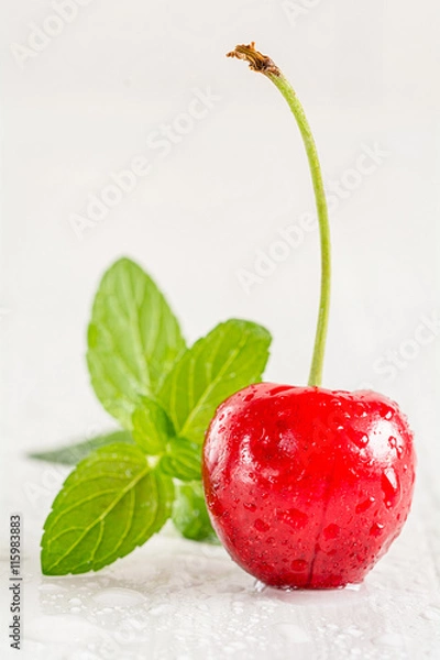 Fototapeta Eine Kirsche mit Minzeblättern steht auf einem weißen Holztablett