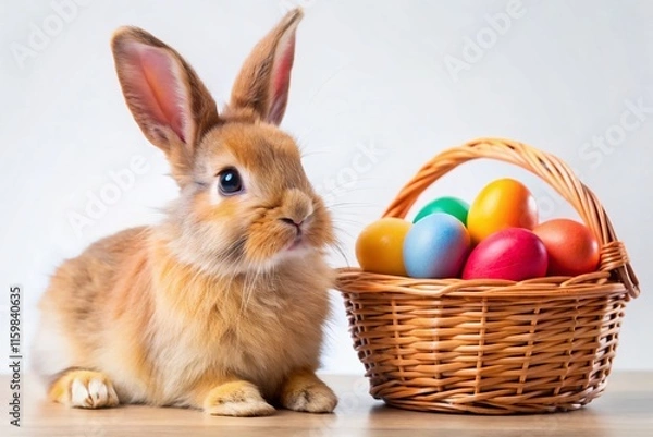 Obraz Easter Bunny in Basket, Macro, Dyed Eggs, Adorable