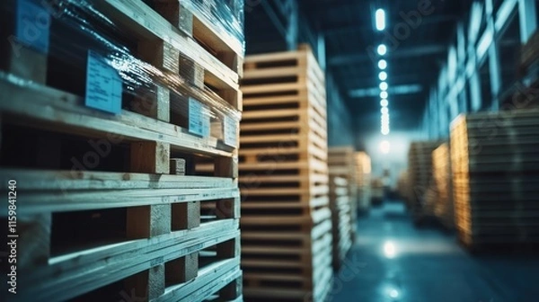 Fototapeta Stacked pine wood planks in a factory, showcasing storage and organization of wooden materials