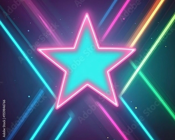 Fototapeta A vibrant neon star surrounded by colorful light beams on a dark background.