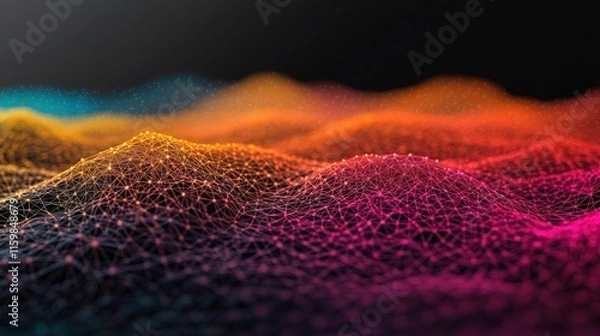 Fototapeta Abstract representation of vibrant, interconnected waveforms in a digital landscape.