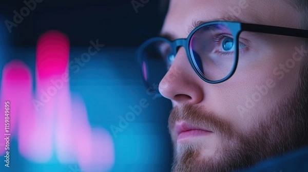 Fototapeta Business Analyst Analyzing Financial Data on Computer Screen in Office with Focus on Stock Market Trends and Charts for Professional Finance Assessment and Strategy Development