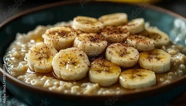 Fototapeta Oatmeal breakfast bowl with banana slices, honey, and cinnamon.