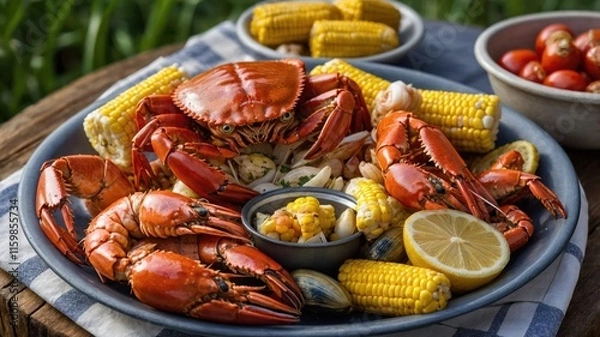 Obraz A vibrant seafood platter featuring crab, shrimp, corn, and lemon, perfect for a summer feast.