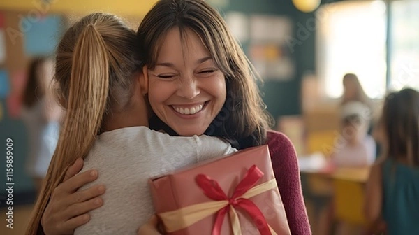 Fototapeta A teacher hugging a student who presents them with a heartfelt gift, capturing an emotional moment 